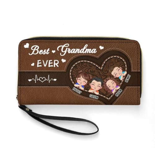 Personalized Mothers Day Women Large Capacity Long Wallet Custom Family Names Portraits Best Grandma Ever Leather Zipper Long Wallet Gift for Birthday Valentine's for Mother Nana Grandmother