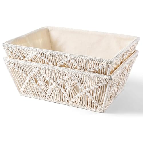 Image of KAAHIRA Set of 2 Boho Decor Macrame Storage Baskets Tray with Wooden Handle and Cotton Lining Countertop Cabin Organizer Home, Office and Events