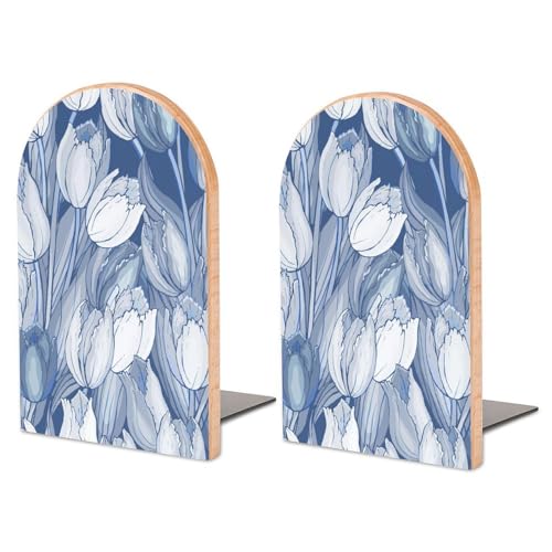 Blue-Tulips-Floral-Pattern Wood Decorative Large Book Ends for Shelves to Hold Books Heavy Duty Non-Slip Book Stoppers Office Home