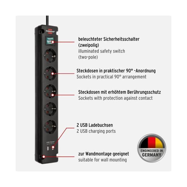 Brennenstuhl Bremounta Steckdosenleiste 5-Fach mit USB-Ladefunktion (Mehrfachsteckdose mit 90 Grad Steckdosen… – Bild 3