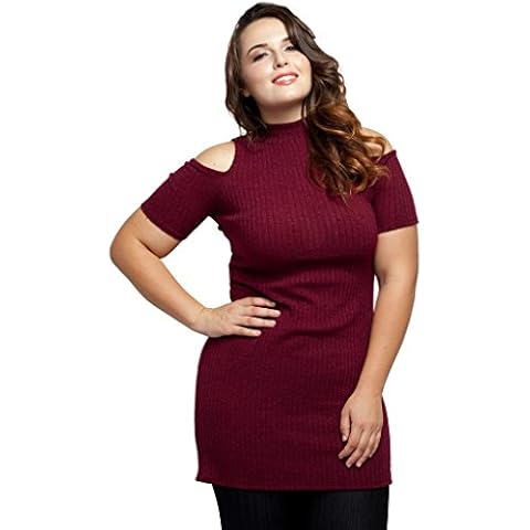 Stylzoo Women's Junior Plus Size Cut Out Long Sweater Short Sleeves Burgundy 1X Cover