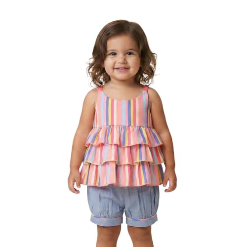 Image of Nautinati Baby Girls Printed Strappy Tiered Top with Shorts Clothing Set | Age 0-3 Years