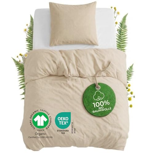 Dreamzie Kinder-Bettwäsche-Set 100x135 100% Baumwolle 2-teilig mit 1 Kissenbezug 40x60 cm - Bio-Baumwolle Percale 180 TC - Atmungsaktiv & Weich, Oeko-Tex & GOTS Zertifiziert, Beige