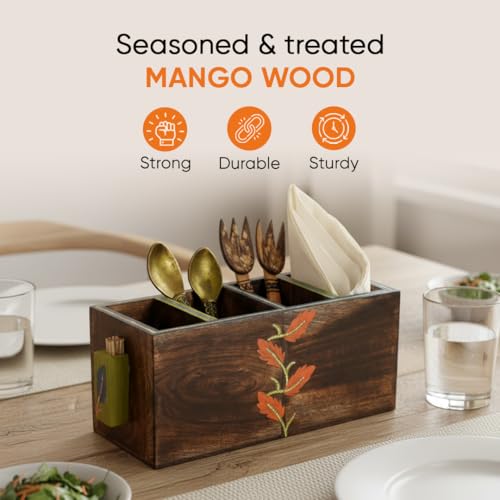 Image of AAKRITI ART CREATIONS Autumn Leaf Cutlery Stand Handcrafted in Wood | Hand-painted Wooden Stand For Dining Table | Kitchen Knife Holder | Wooden Cutlery Holder, Natural Matte Finish