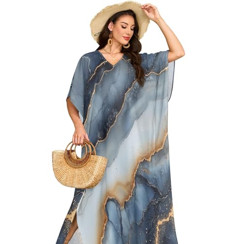 Maillot de bain respirant GuoChe à manches courtes, style décontracté marbre bleu marine et beige