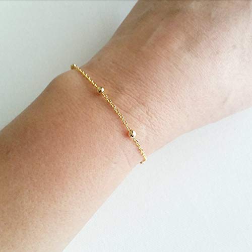 Image of Womens Dainty Gold Chain Bracelet,Simple Layered Chain Bracelets,Beaded Turquoise Bracelet,Charm Crystal Bar,Heart,Karma,Triangle,Pearl Bracelets for Women