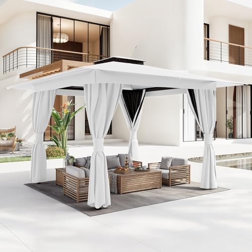 MELLCOM 8'x8' Outdoor Gazebo White for Patio, Heavy Duty Party Tent with Double Roofs, Outdoor Canopy with Curtains and Nettings for Deck, Lawn and Backyard