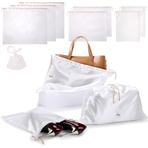 Ewen 7Pcs Dust Bags for Handbags, Satin Travel Dust Cover Bag, 2Pack 11.8x15.7in DustBag for Shoes, 2Pcs 19.6x15.7in Storage, Pack of 3 23.6x19.6in Bag for Purse, White Silk Cloth Bags with Drawstring