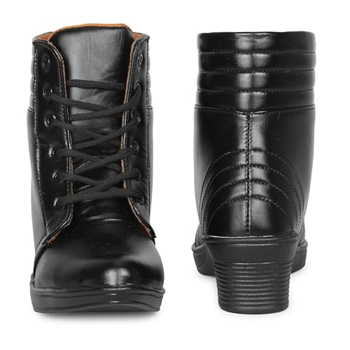 Image of KRAFTER Women's Lace-Up Ankle Boots - Fashionable Faux Leather Block Heel Booties Low Heel - Trendy Combat-Inspired Casual Shoes for Daily Wear, Black