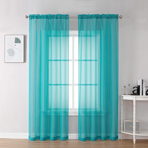 Image of Chyhomenyc Turquoise Sheer Curtains 72 Inch Length 2 Panels, Light Filtering Soft Airy Rod Pocket Voile Window Curtain Drapes for French Door Bedroom Living Room, Each 42Wx72L Inches