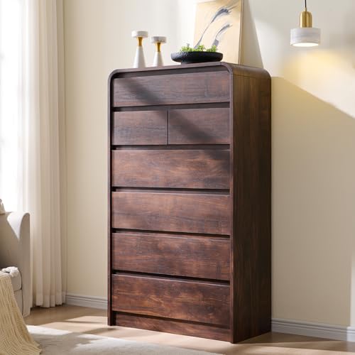 Aitjunz Modern 7 Drawers Dresser for Bedroom 55 Tall Dressers & Chest of Drawers w/Curved Profile Design Wood Mid Century Vertical Storage Dressers Organizer for Bedroom Living Room Brown