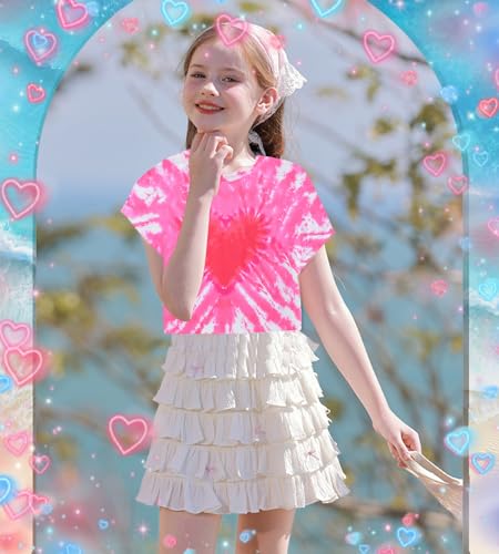 Image of Tkria Girl Crop Tops Valentine Short Sleeve Tshirt Tie Dye Heart Teen Girls Shirt Clothes 6-14 Years