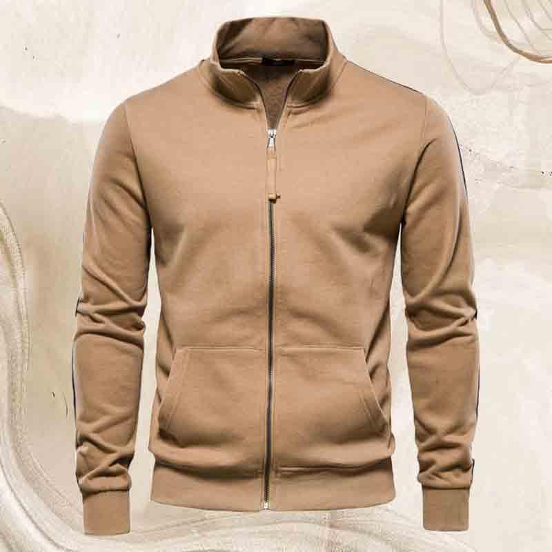 Autumn and winter men's standing collar zipper long sleeved cardigan loose sports top with two front pockets2