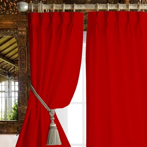 Image of Triple Pinch Pleated Blackout Curtains Thermal Insulated Room Darkening Curtains for Bedroom /Livingroom Pack of 2 Panels, Tiebacks, Hooks (Red)