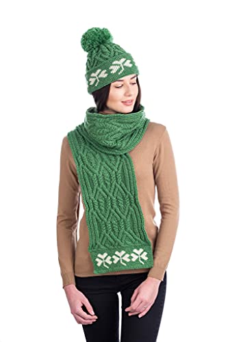 SAOL 100% Merino Wool - Irish Aran Scarf with Green Shamrock for Women2