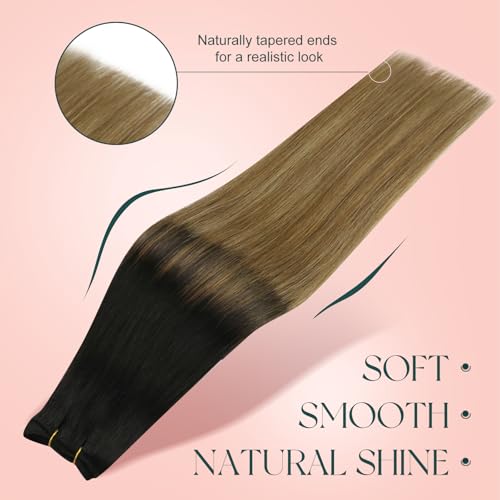 Image of Easyouth Weft Hair Extensions, Sew in Hair Extensions, 16 Inch 100G, Ombre Balayage, Black To Light Brown Mix Blonde, Soft Weft Human Hair Extension