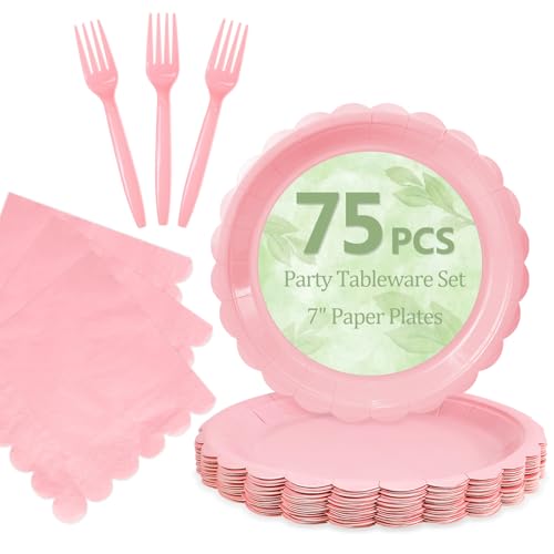 Mulbozy 75 Pink Plates and Napkins Disposable Set Includes 25 Dessert Cake Scalloped Plates Cocktail Napkins & Forks for Fork 25 Guests Holiday Party Supplies.