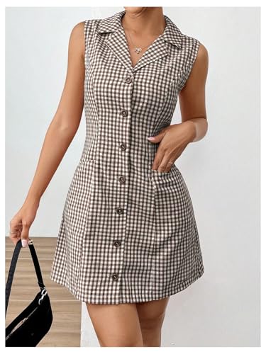 MakeMeChic Women's Plaid Gingham Lapel Button Down Short Dresses Sleeveless A Line Shirt Dress with Pocket4
