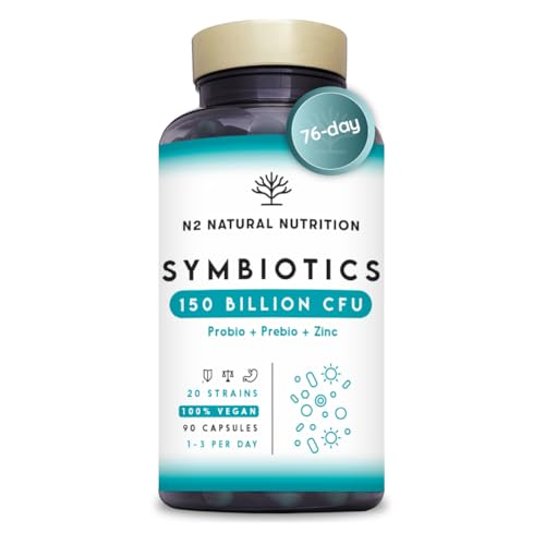 Probiotics 150 Billion CFU, 20 Multi Strains with Prebiotic, Inulin & Zinc. High Strength Vegan Supplement with Gastro Resistant Capsules for 76 Day Supply. N2 Natural Nutrition