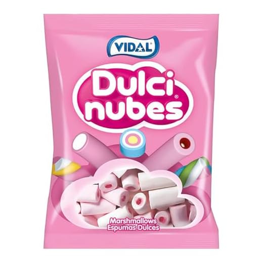 Vidal Golosinas Dulcinubes Rellenas. Nubes sabor vainilla color blanco y rosa rellenas de gelatina sabor fresa. Bolsa de 125 unidades.