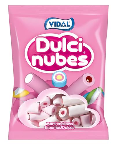 Vidal Golosinas Dulcinubes Rellenas. Nubes sabor vainilla color blanco y rosa rellenas de gelatina sabor fresa. Bolsa de 125 unidades.