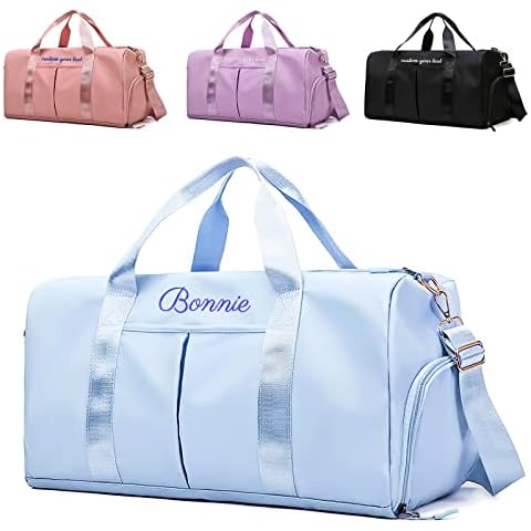 Personalized Duffel Bag Embroidered Name Custom Sports Gym Bags Travel Bag with Wet Dry Pockets & Shoe Weekender Overnight Dance Bag Bridesmaid Gift-Blue Cover