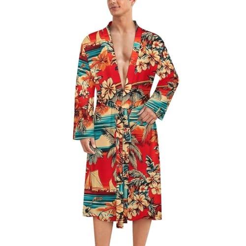 Palm Trees Hawaiian Vibrant Red Mens Robe Long Sleeve Bathrobe Lightweight Nightgown Sleepwear for Spa Shower