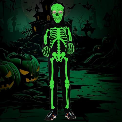Vazillio - Disfraz de esqueleto infantil, disfraz de Halloween infantil, brillante de Halloween, disfraz de esqueleto para niños y niñas