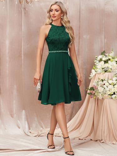 Image of Miusol Women's Halter Neck Lace Ruffle Vintage Cocktail Party A-Line Bridesmaid Dress