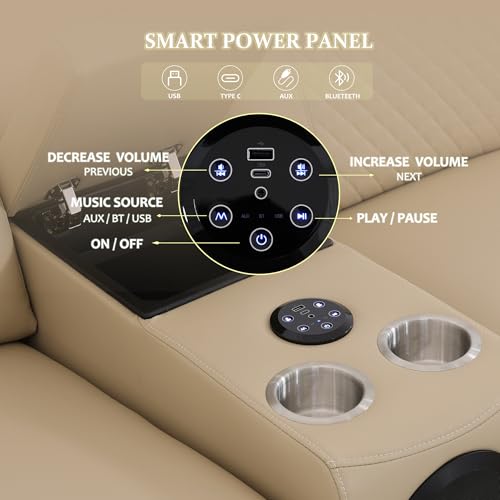 Image of Power Recliner Sectional Sofa, L-Shaped Living Room Furniture, 5 Seaters Reclining Sectional Couch with Storage Console /Cup Holder, Khaki Leather Corner Furniture for Living Room /House /Apartment