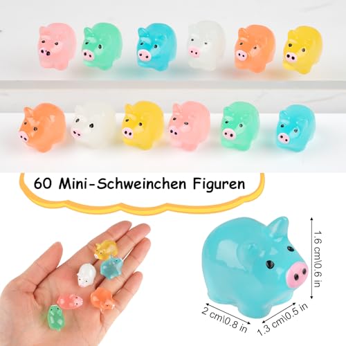 Tikplus Schwein Mini Figuren, Kleine Schwein 60 Stück, Niedliche Schweinchen Deko, Harz Tiere Spielzeug, Leuchtende Bunt Schwein, DIY Puppenhaus Zubehör für Miniatur Garten Landschaft (6 Farben)