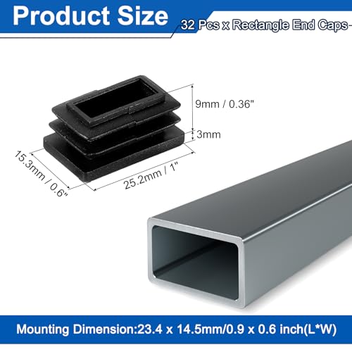 Image of uxcell 32 Pcs Rectangle Tubing End Caps 1 x 19 /32 Inch Plastic Hole Plugs Insert End Cap for Metal Tubing Post Chair Leg Table Bookshelves Furniture, Black