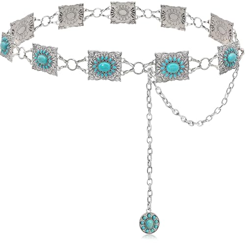 Image of Turquoise Belt Silver Western Chain Belt, Cowgirl Concho Style with Turquoises Embellishment for Women (Silver - Square Turquoise, Fits low waist 46-50''(59'' total))