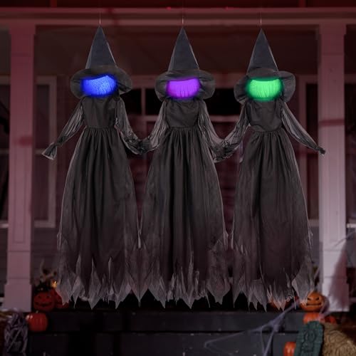 Image of JOYIN 3pcs Halloween Witch Decorations Outdoor, 5ft Spooky Hanging Ghost Animatronic Decor with Broomstick Light Up Props for Home Outside Yard Garden Lawn Porch Haunted House