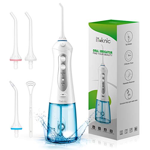 Cordless Water Flosser for Teeth, iTeknic Dental Oral Water Irrigator Pik Portable with 300ml Water Tank, 4+1 Jet Tips Teeth Cleaner for Braces, 3 Modes, IPX7 Waterproof, USB Rechargeable, 1 Tips Box