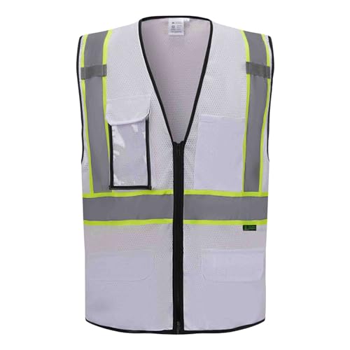 3C Products SV2520 Deluxe Ultra Cool Mesh Safety Vest, 2” Reflective w/Yellow Binding, Zipper, 9 Pockets, White (S)