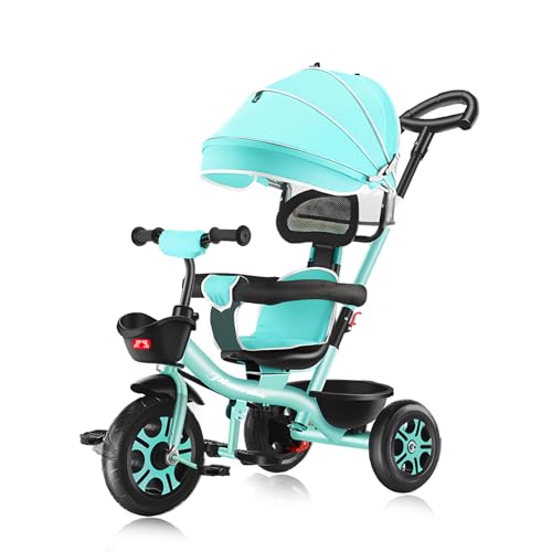 Oisei Kids Tricycle,Tricycle Stroller,Kid Stroller,5 in 1 Kids Trike Kids Tricycle Stroller with Push Handle,Removable Canopy/Guardrail,Adjustable Rotate Seat Baby Trike,Green