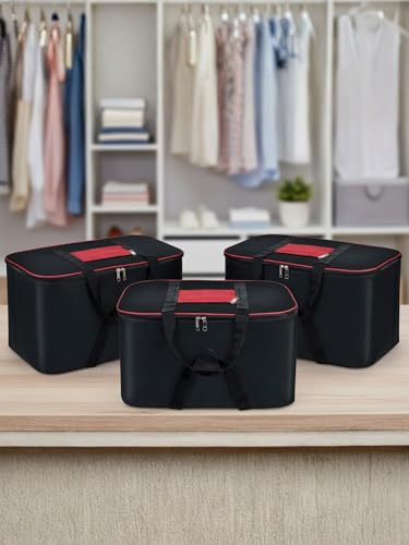 BB BACKBENCHERS Collapsible Fabric Storage Cubes Organizer with Handles Foldable Storage Baskets for Organizing Toys, Books, Shelves, Closet, Large Storage Box with Handles (Black Red (Pack of 3))