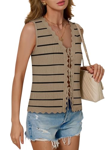 Image of COCCKO Womens Summer Tops Vacation Beach Outfits Cute Tie Front Crochet Vest Knit Sleeveless Sweaters
