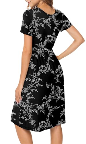Image of DB MOON Women Summer Casual Short Sleeve Dresses Empire Waist Dress with Pockets