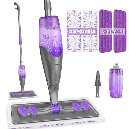 IOPRETTY Spray Mops for Floor Cleaning - Wet Dry Mops with 2 Washable + 2 Disposable Pads for Swiffer Powermop - Refillable Bottle for Hardwood Tile Home Kitchen - Absorbs Pet Hair Dust Stains