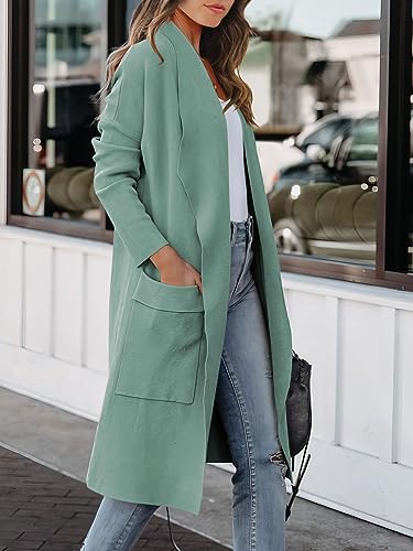 Anrabess Women's 2023 Fall Casual Long Sleeve Draped Open Front Knit Pockets Long Cardigan Jackets Sweater Comfy Trendy Outfits Coat 580Guanghuilv-M Gray Green #TOP2