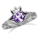 Silvershake Natural Heart Shape Amethyst 925 Sterling Silver Irish Claddagh and Triquetra Celtic Knot Ring Size 10