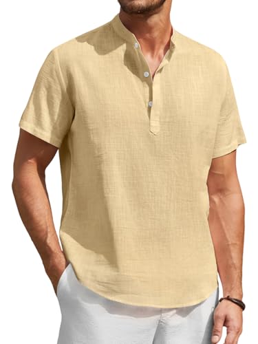 Enlision Camisa Beige Hombre Lino Algodón Cuello Mao Verano Camiseta Ibicenca Hombres Cuello Redondo Transpirable Casual Elegante T-Shirt de Playa Holgada Tallas Grandes 2XL