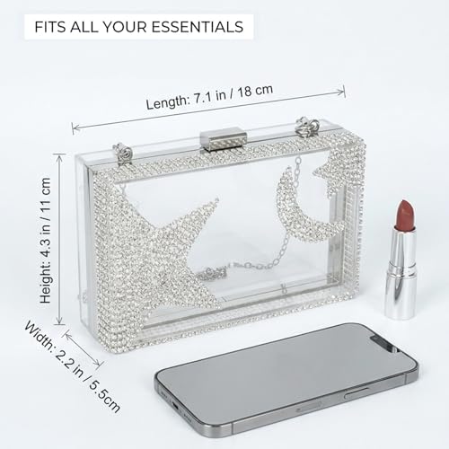 Image of Ladies Clear Acrylic Moon and Star Rhinestone Chain Bag Sparkly Transparant Clutch Purse for Women Evening