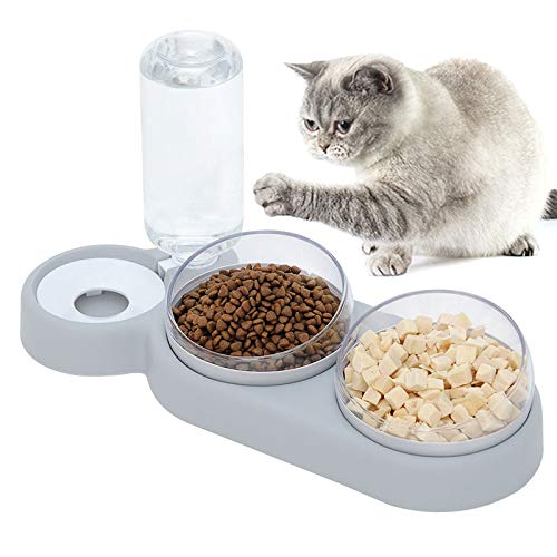 Ciotola Gatti Rialzata 3 In 1 - Doppia Ciotola Inclinata 15° Con Dispenser Acqua Automatico (Grigio) - Foto 8