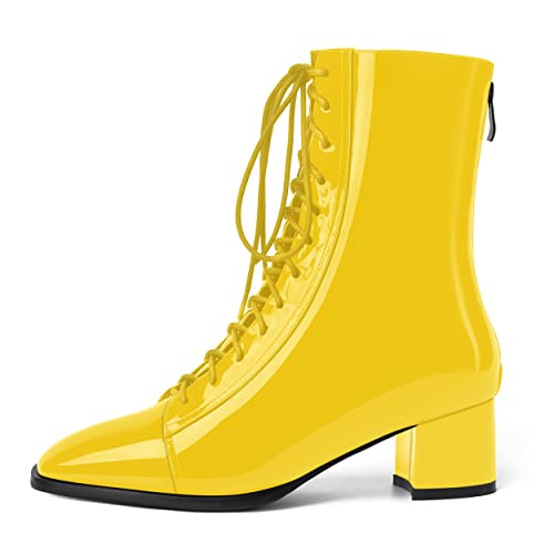 NUMALEO Womens Outdoor Solid Square Toe Self Tie Patent Fashion Chunky Low Heel Mid Calf Boots 2 Inch2