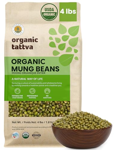 Organic Tattva Whole Mung Beans (4 lbs) - Whole Green Moong Dal Organic Lentils - Mung Bean Green Lentils Dry - High Protein Plant Based Nutrition - Gluten Free Vegan Kosher - USDA Certified Legumes