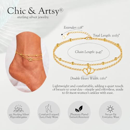 Image of CHIC & ARTSY 925 Sterling Silver Ankle Bracelets for Women, Adjustable Layered Foot Chains with Nature & Symbol Charms, Lightweight Comfort Fit Boho Beach Everyday Jewelry
