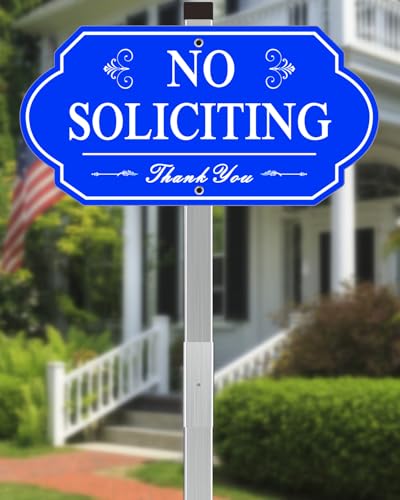 Image of Heavy Duty No Soliciting Sign for House - All Metal Construction No Soliciting Yard Sign - 14 inch x 7 inch - Aluminum - with 28 inch Long Stake (Blue)